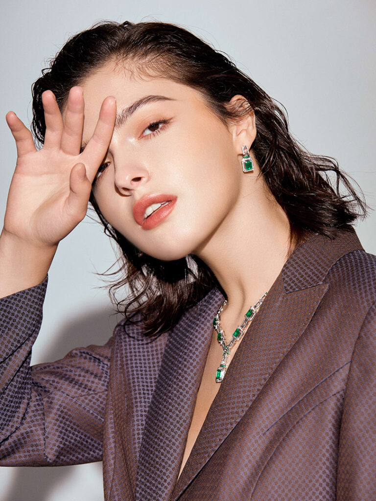 Professional B2B jewelry fabrication by a China supplier, featuring a model wearing Art Deco inspired pieces from the Fantastic Garden Part 2 collection.