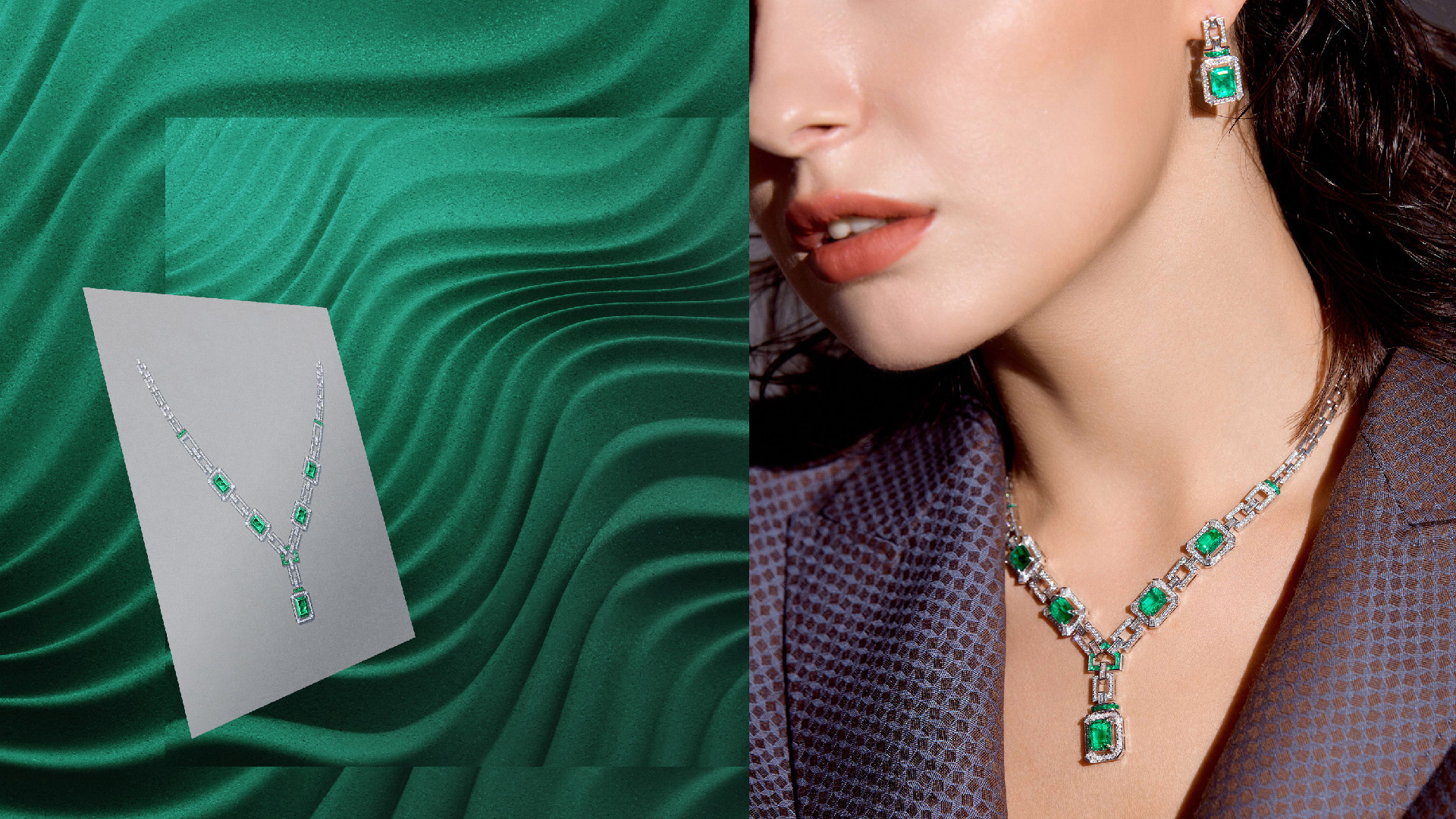 Professional B2B jewelry manufacturing process showcased by a model wearing the Art Deco floral collection 'Fantastic garden part 2'.