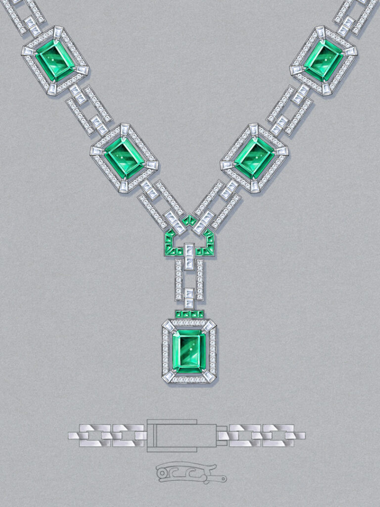 Professional model wearing symmetrical Art Deco jewelry, highlighting B2B wholesale sourcing opportunities in China for the Fantastic Garden Part 2 collection.